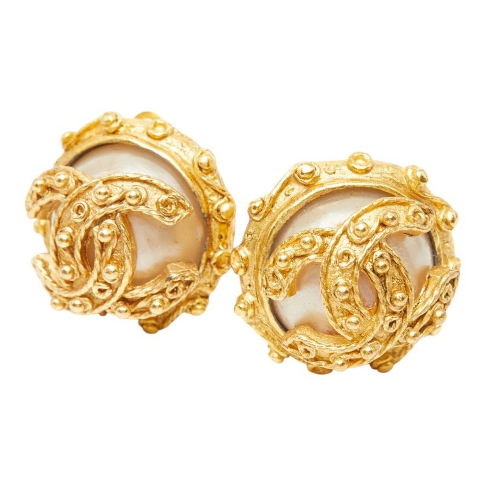 Chanel Coco Mark Earrings, Gold Plated, Faux Pearl, Women's.